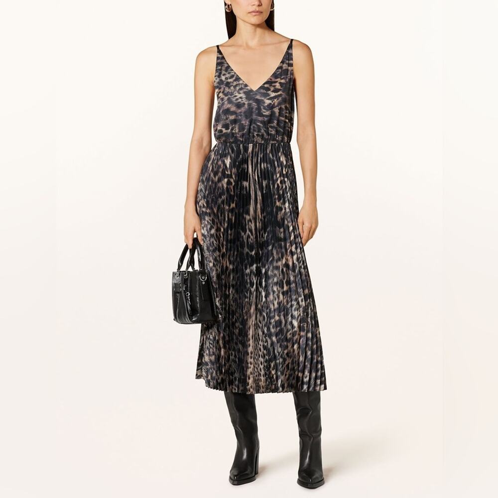 All Saints Leopard Print V-Neck Midi Dress in Black and Brown